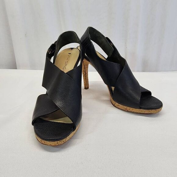 Via Spiga Onitta Cork Open Toe Leather Sandal Heels Slingback Black Size 8.5 I - Picture 2 of 10